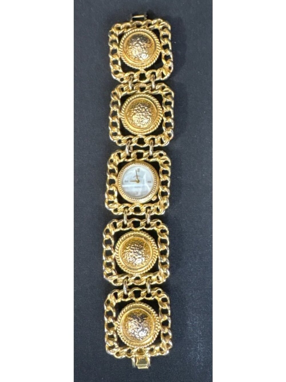 Vintage Gold-Tone Quartz Bracelet Watch With Textured Links & Roman Numeral Dial